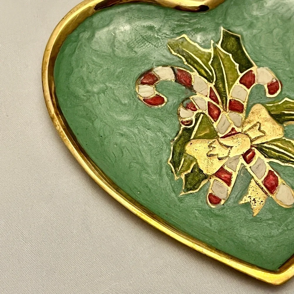 Solid Brass Enameled Trinket Dish, Candy Cane Holly, Christmas, Holiday EUC VTG